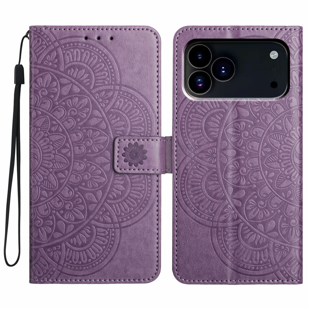 iPhone 17 Pro Max Leder Tasche Wallet - Mandala Flowers Imprint - Lila
