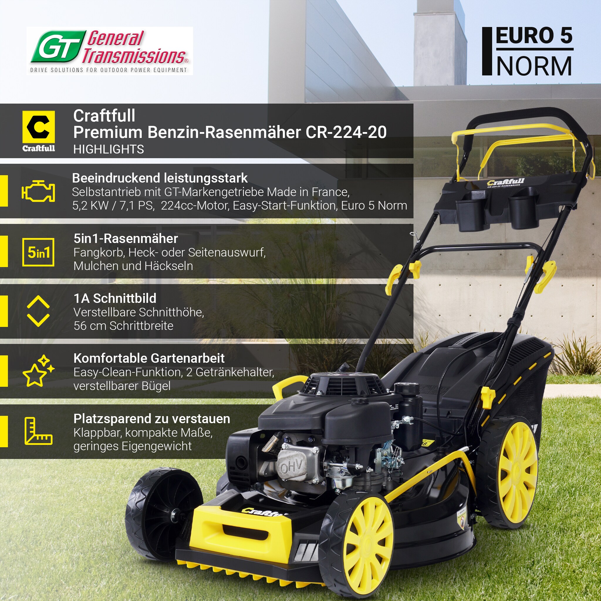 Craftfull Premium Benzin-Rasenmäher CR-224-20, 5in1, 224cc-Motor, 5,2 kW, GT-Markengetriebe, Euro 5