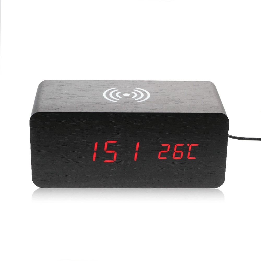 LED Wecker Holz Tischuhr Qi Wireless Ladegerät mit Sound Control - Schwarz