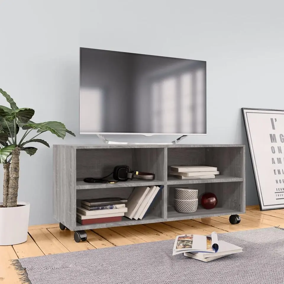 vidaXL - TV-meubel met wieltjes en 4 vakken - Grijs - Bewerkt hout - 90 cm