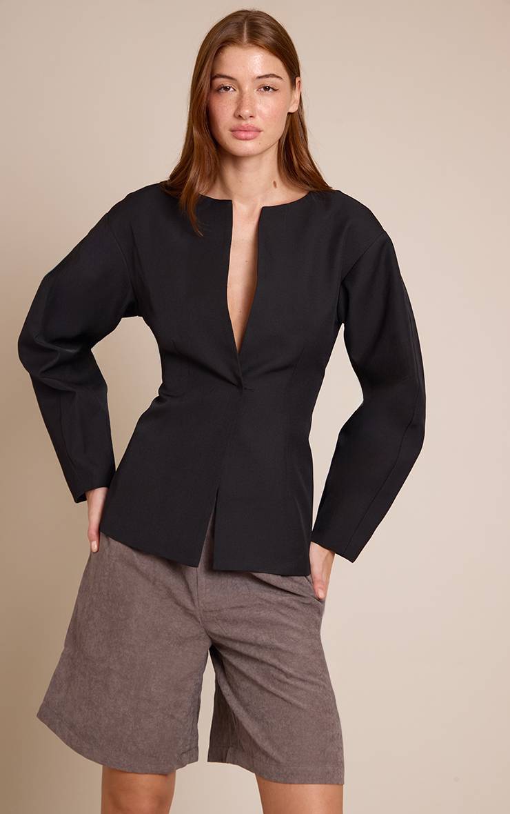 Noir Blazer Taille Cintrée À Manches Cocon