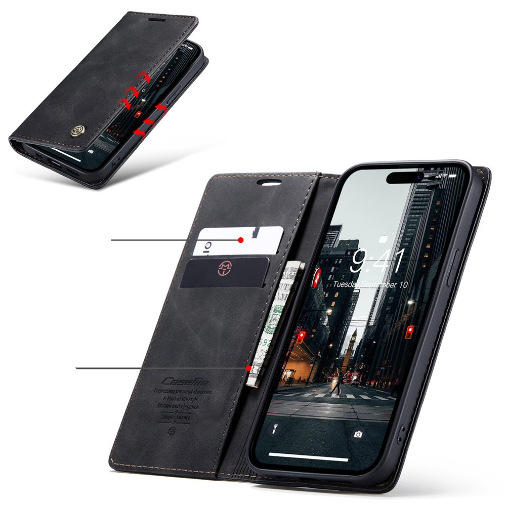 iPhone 15 Pro Max Leder Tasche Flip Wallet Etui mit Kartenfächern - Schwarz