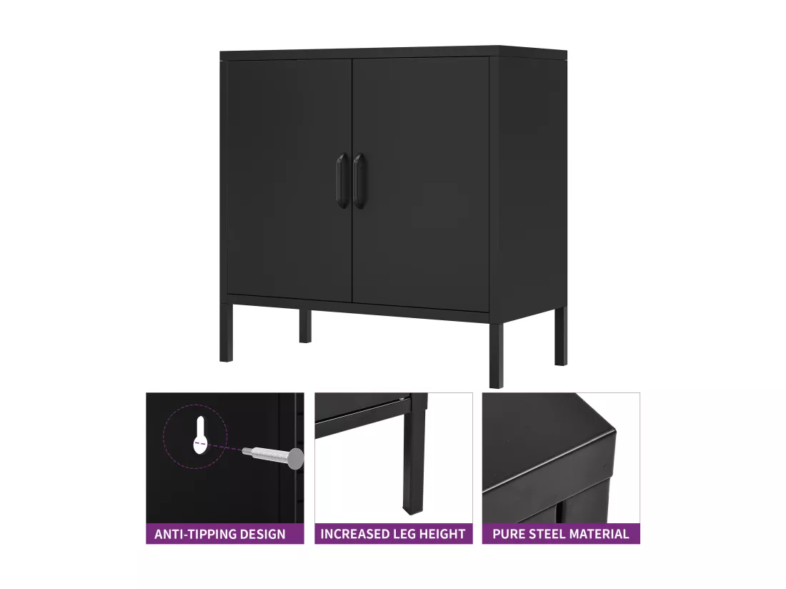 Caisson de Rangement en métal avec 2 portes et 1 étagère réglable - pour bureau à domicile - chambre - salle de bain - salon - Noir