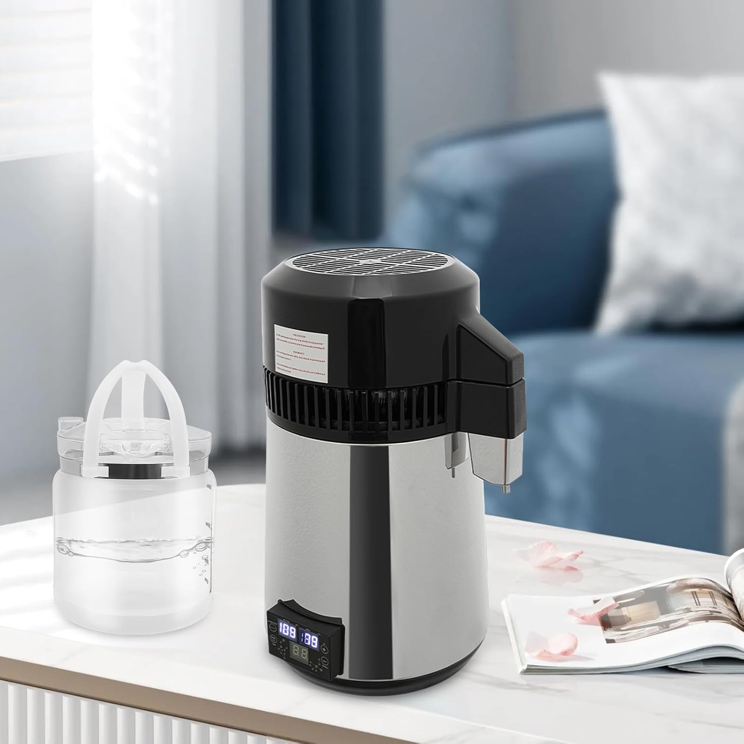 Wasserdestilliergerät Wasser Destillierer 800W Edelstahl Distilleranlage 4L Kapazitätfür Zuhause, Zahnklinik, und Labor mit Sammelkanne Dreifach-LED Automatischer Abschaltung