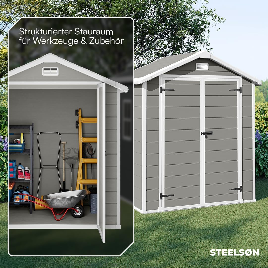 STEELSØN Novara Gerätehaus – Gartenschuppen mit Satteldach & Fenster – Gartenhaus 210x134x182 cm (HxTxB) – Geräteschuppen aus Kunststoff in Grau – Gartenhütte wetterfest & rostfrei – Schuppen