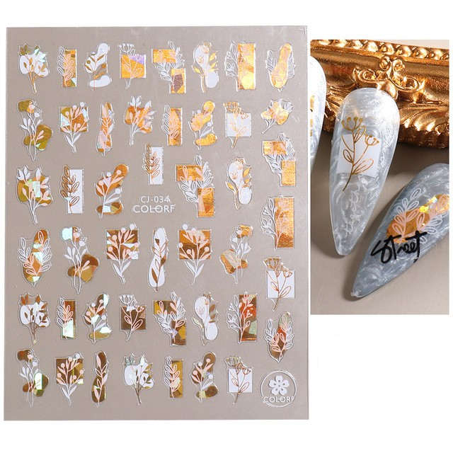 (46-tlg. Set) Nagel Sticker Nail Art Tattoo Selbstklebende Blätter Aufkleber- Gold / Weiss