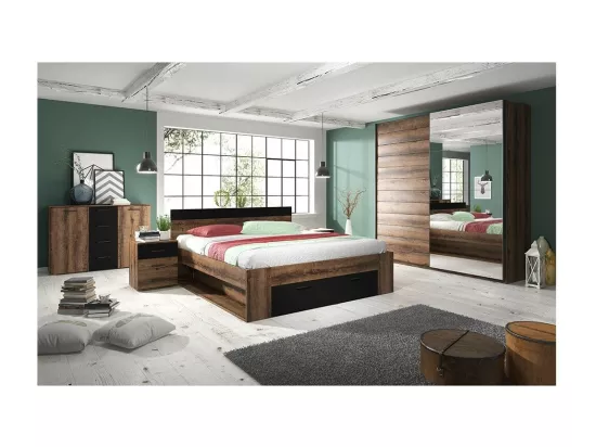 Chambre à coucher EOS : Armoire 2 mètres, Lit 180x200, commode, chevets. Couleur chêne foncé et noir