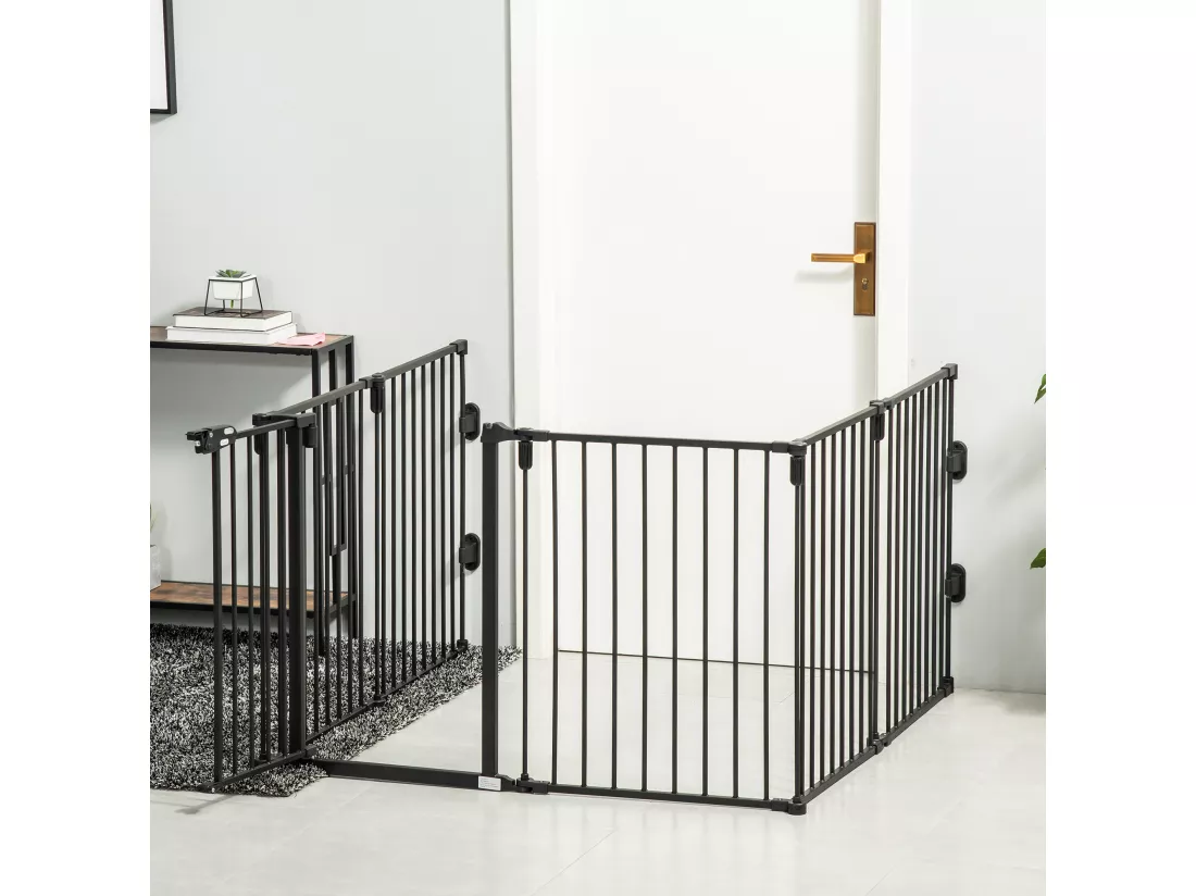 PawHut Barrière de sécurité - parc enclos chien modulable pliable - porte verrouillable - 6 panneaux acier et PP - dim. 362,5L max. x 76H cm noir