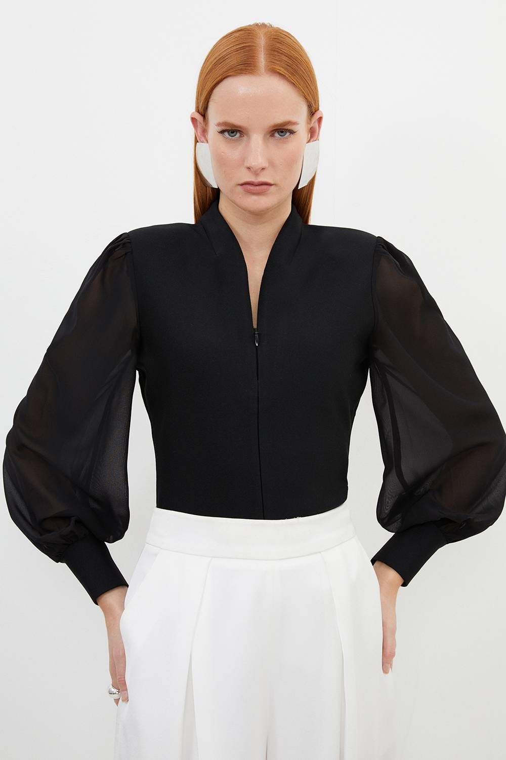 KarenMillen Haut en Maille Bandage Ajusté avec Détail Zip et Manches en Mousseline