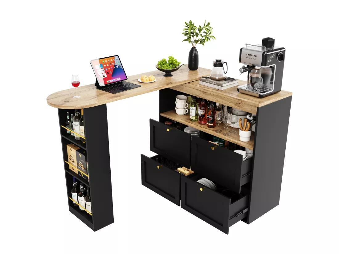 Buffet、Meuble de bar pivotant et escamotable - 4 tiroirs et 4 compartiments - Noir