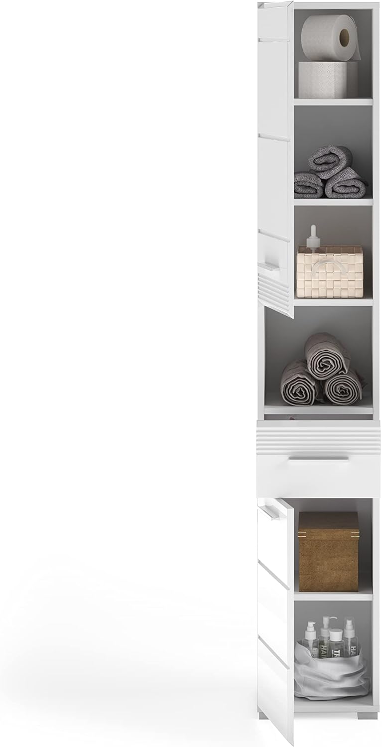 xonox.home - Hochschrank Linus 30x182x31 cm in Front weiß Hochglanz Korpus weiß - Badezimmer Badschrank schmaler Badezimmerschrank - modern, platzsparend und funktional