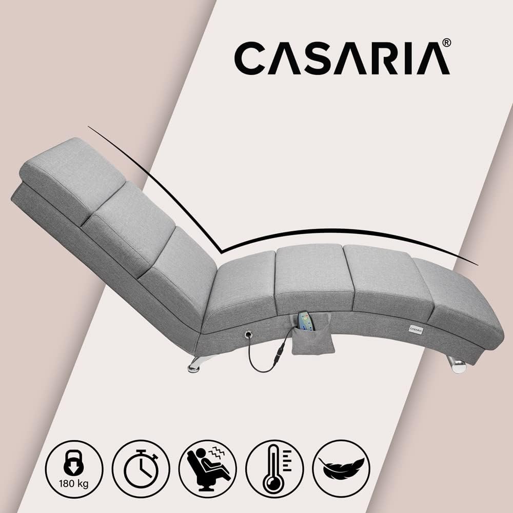 Casaria® Relaxliege XXL Massage Heizfunktion 186x89x55cm Ergonomisch Stoff Gepolstert 180kg Belastbarkeit Wohnzimmer Innen Chaiselongue Relaxsessel Grau