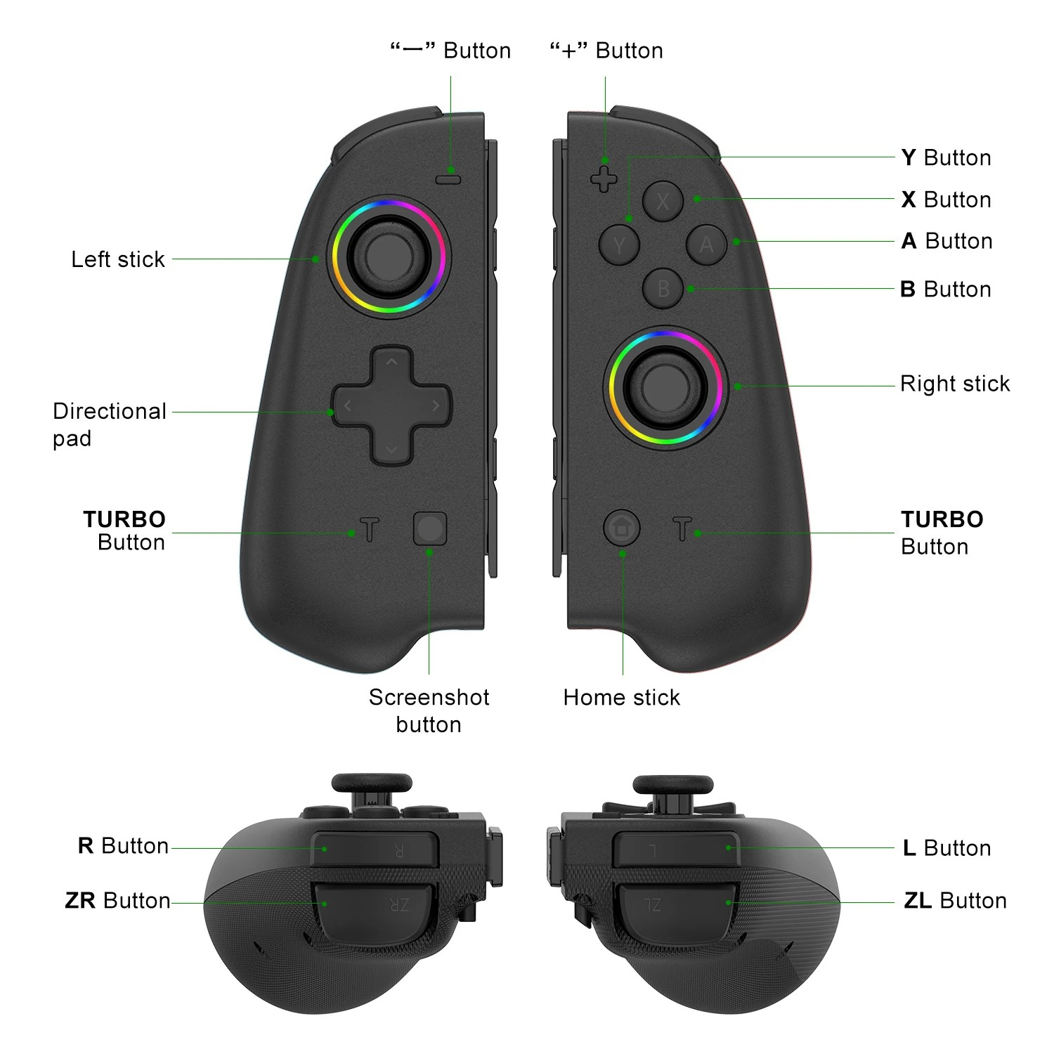 (2er Set) Nintendo Switch / OLED Joycon Joypad Gamepad Controller mit RGB Beleuchtung und Griff Halterung   Turbofunktion - Schwarz