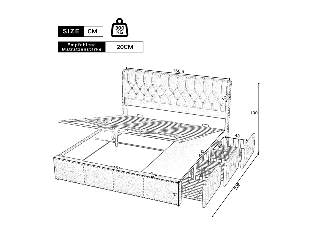 Lit coffre 160 x 200 cm avec tête de lit et 3 tirois - Décor rivet - Velours - Gris (sans matelas)