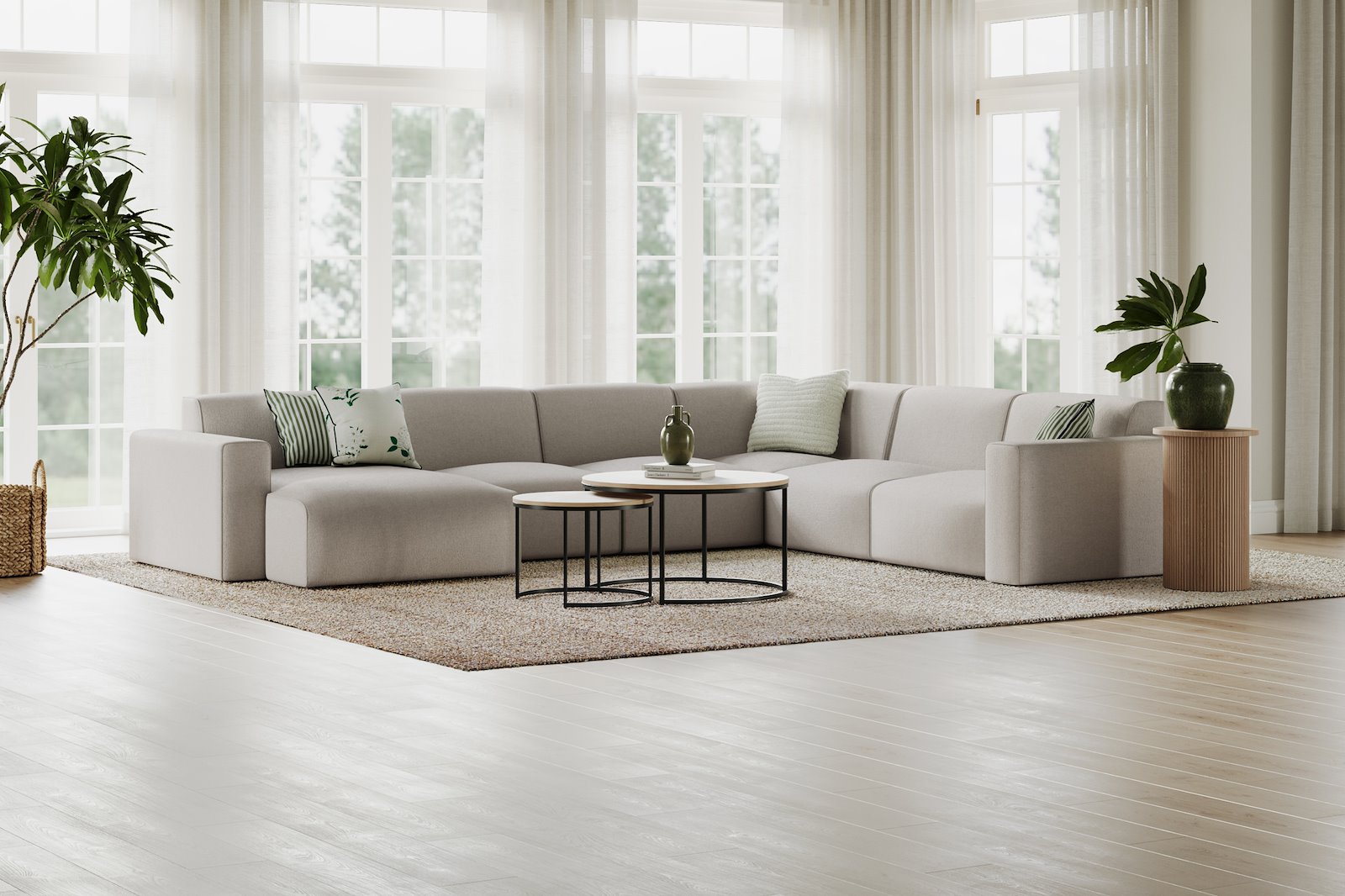Styl U-sofa Sjeselong venstre, 2-seter og 2-seter høyre. Tekstil Lombardo 9 Cappuccino med sorte ben.