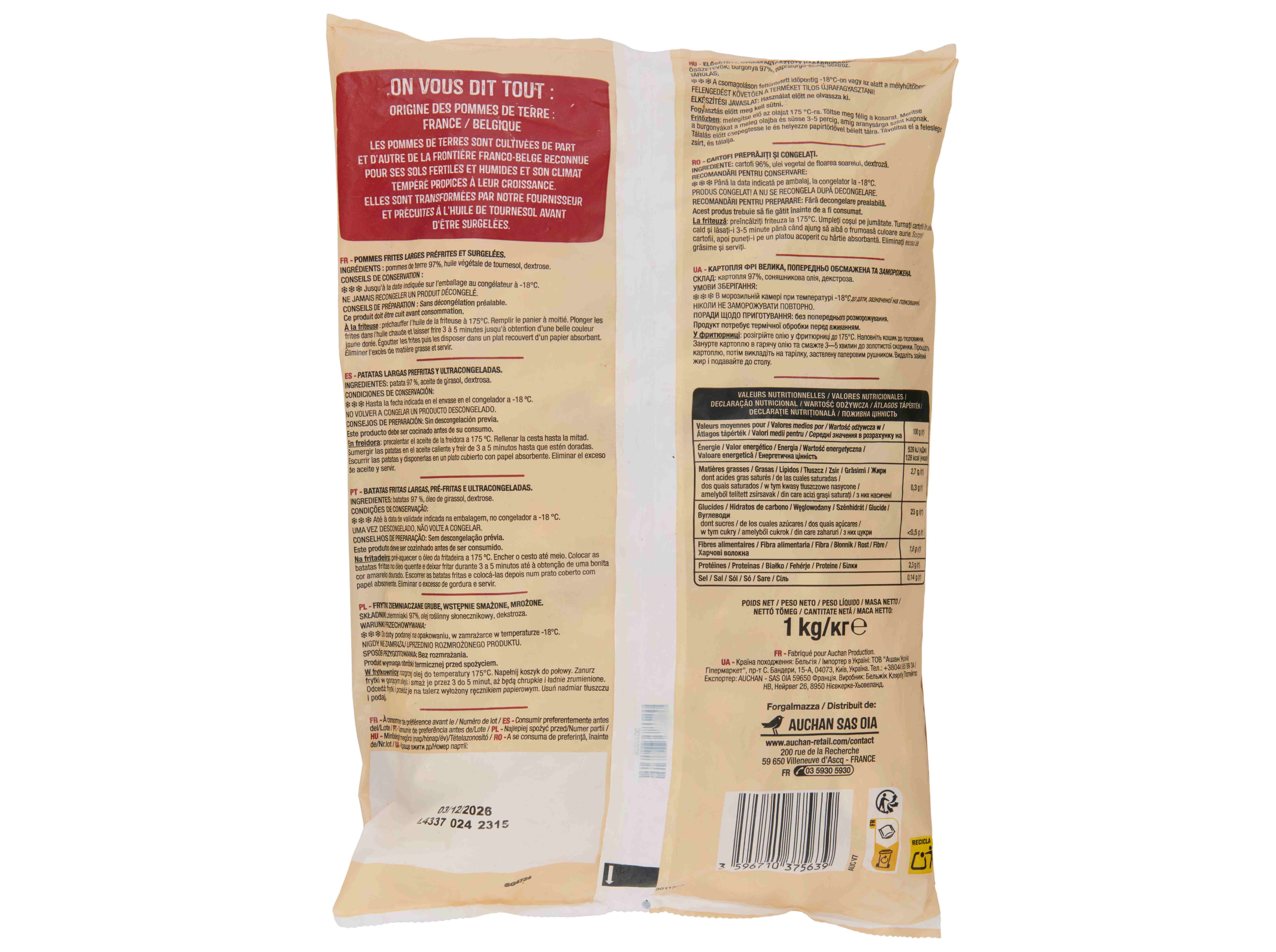 BATATAS PRÉ-FRITAS AUCHAN EXTRA LARGAS PARA FRITAR 1KG