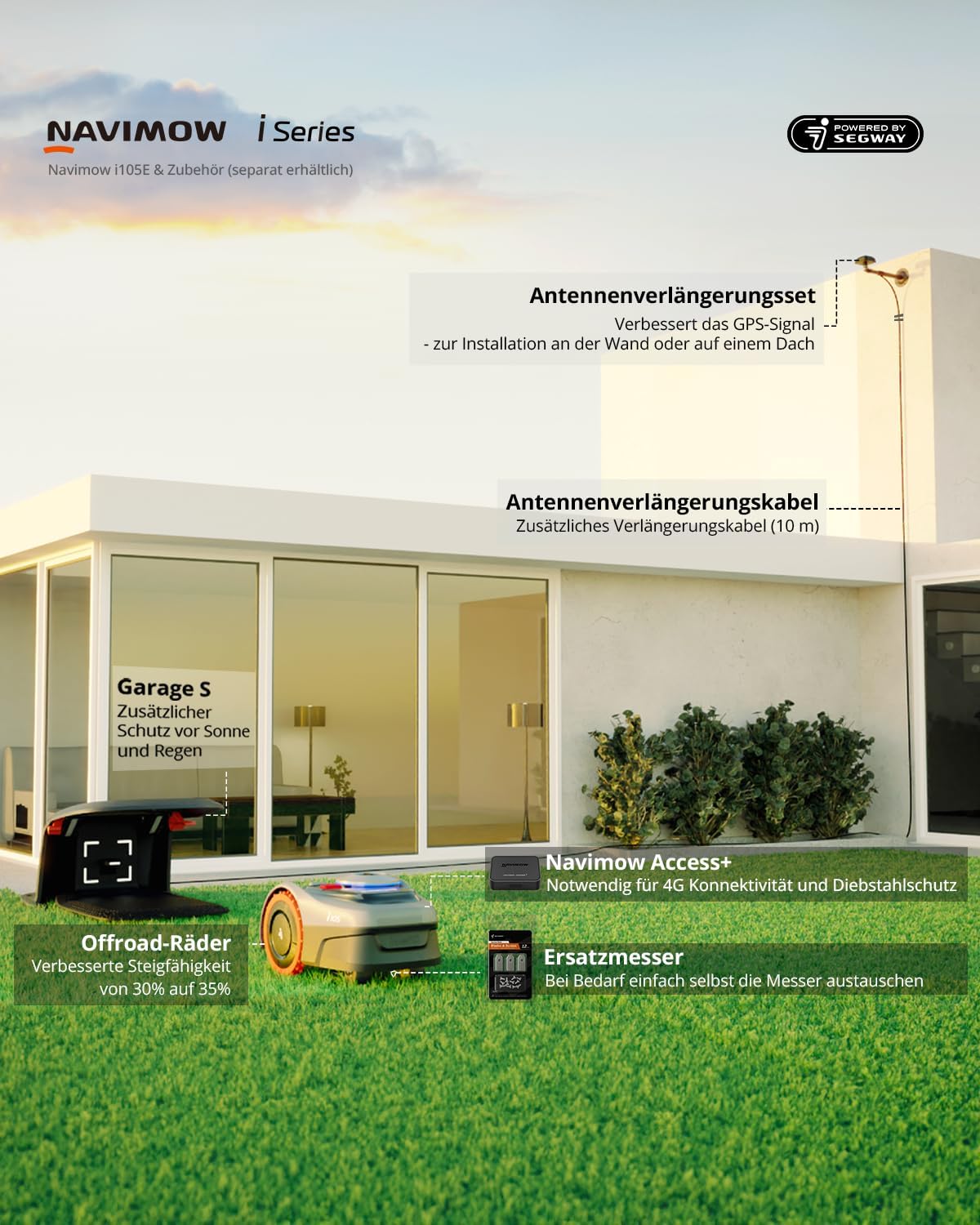 Navimow i105E+Garage, Mähroboter ohne Begrenzungskabel, Empf. 500 m², Max. 600 m², RTK+Vision Rasenmäher Roboter Testsieger, Igelschutz Rasenroboter, KI Auto Kartierung