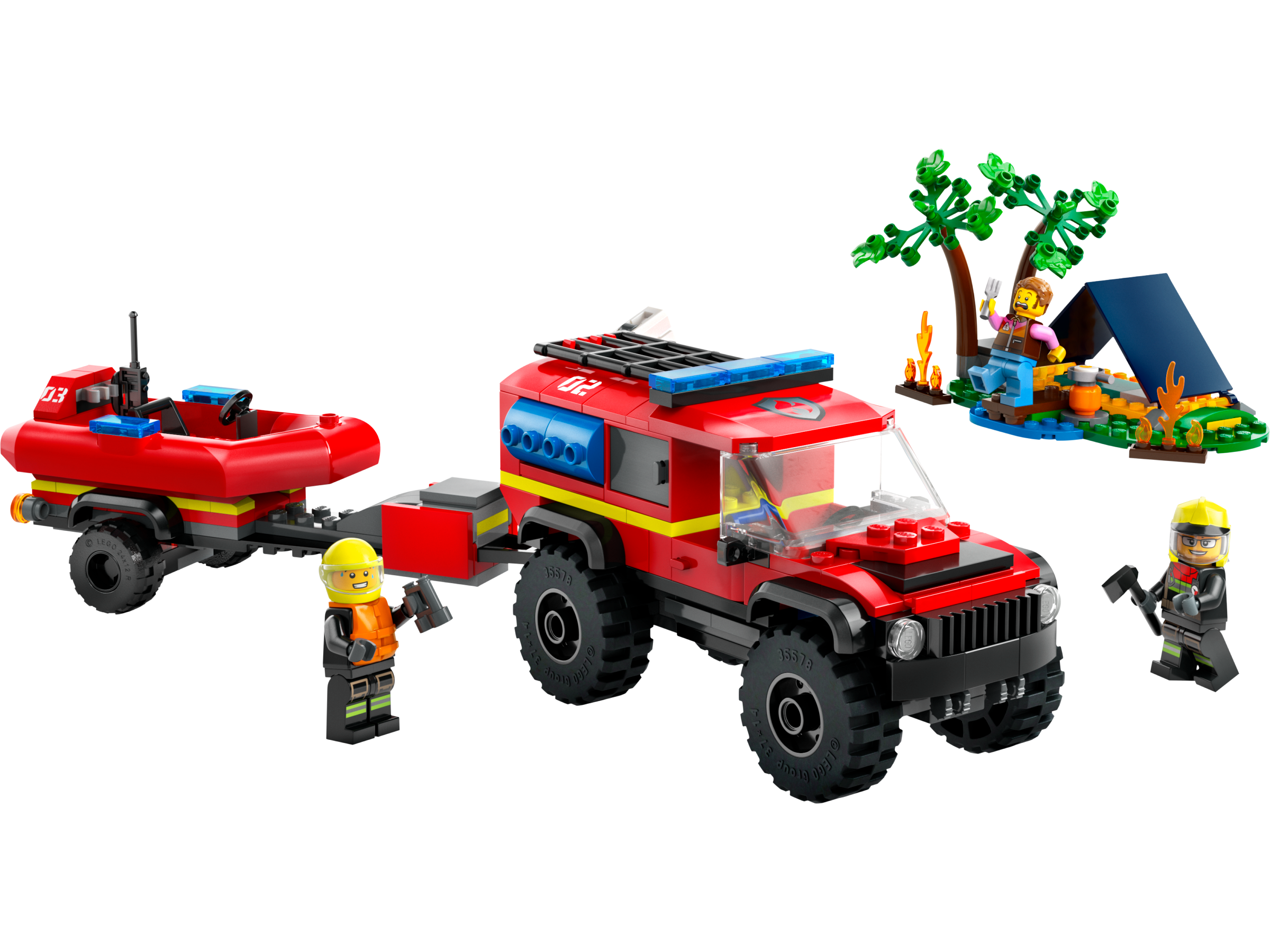 O caminhão de bombeiros 4x4 e o bote salva-vidas 60412.