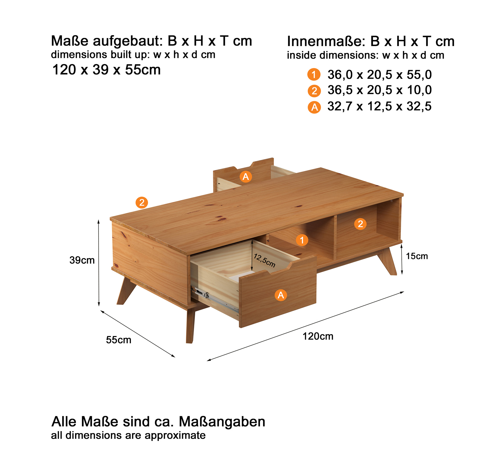 Couchtisch - honigfarben - Kiefer massiv - 120 cm breit