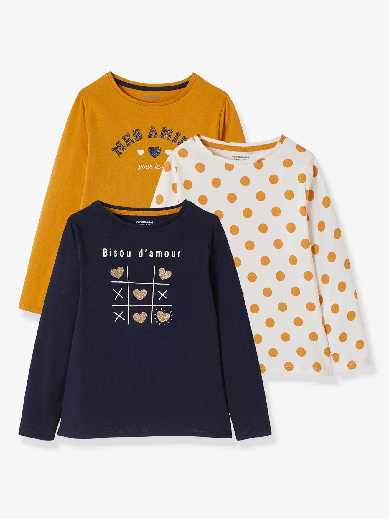 Conjunto de 3 camisetas de manga comprida para meninas, tamanho médio, pretas, bicolor/multicoloridas.