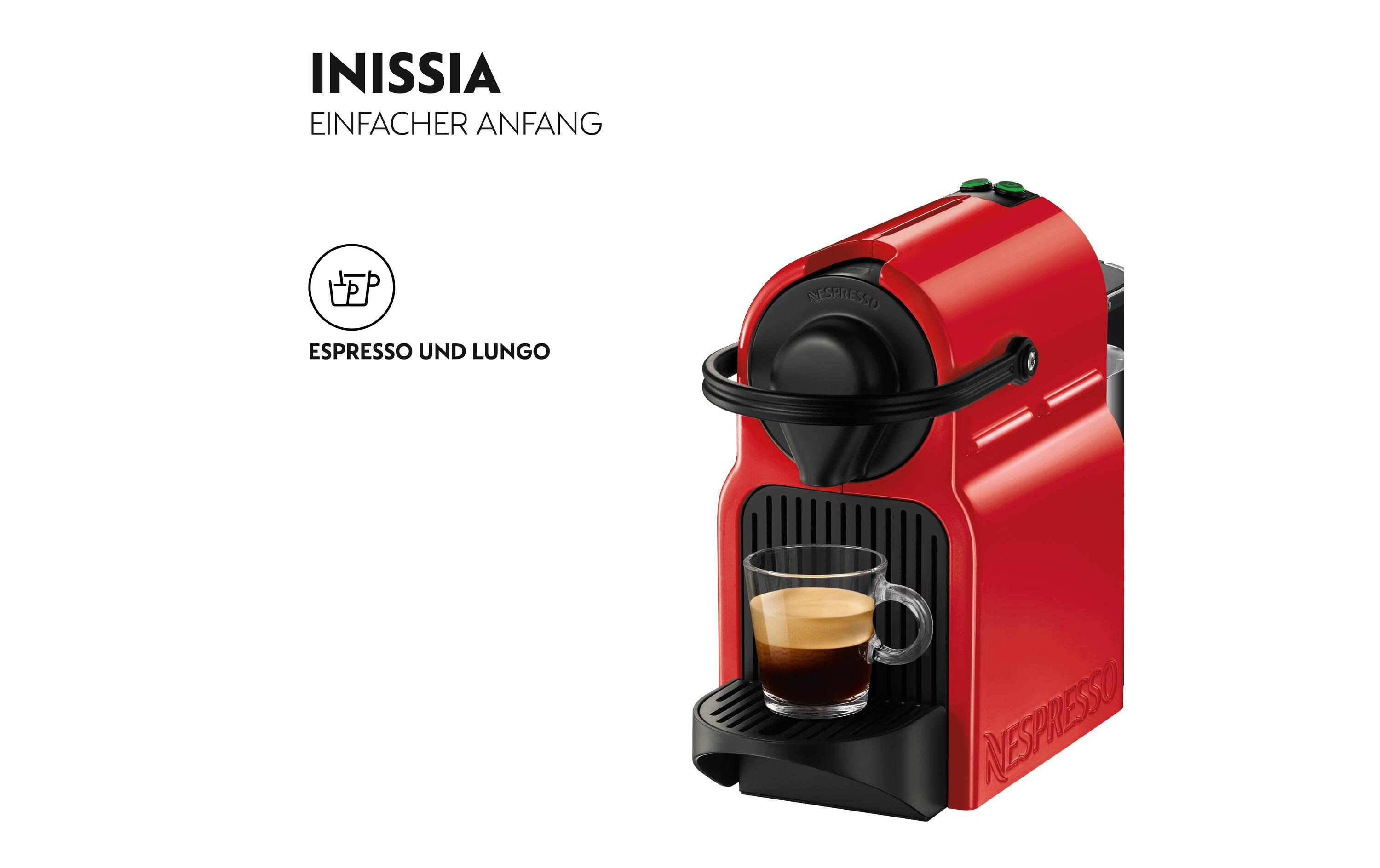 Kaffeemaschine Nespresso Inissia XN1005 RotKompakte Kapselmaschine der Original Line mit einfacher Zwei-Tasten-Bedienung
