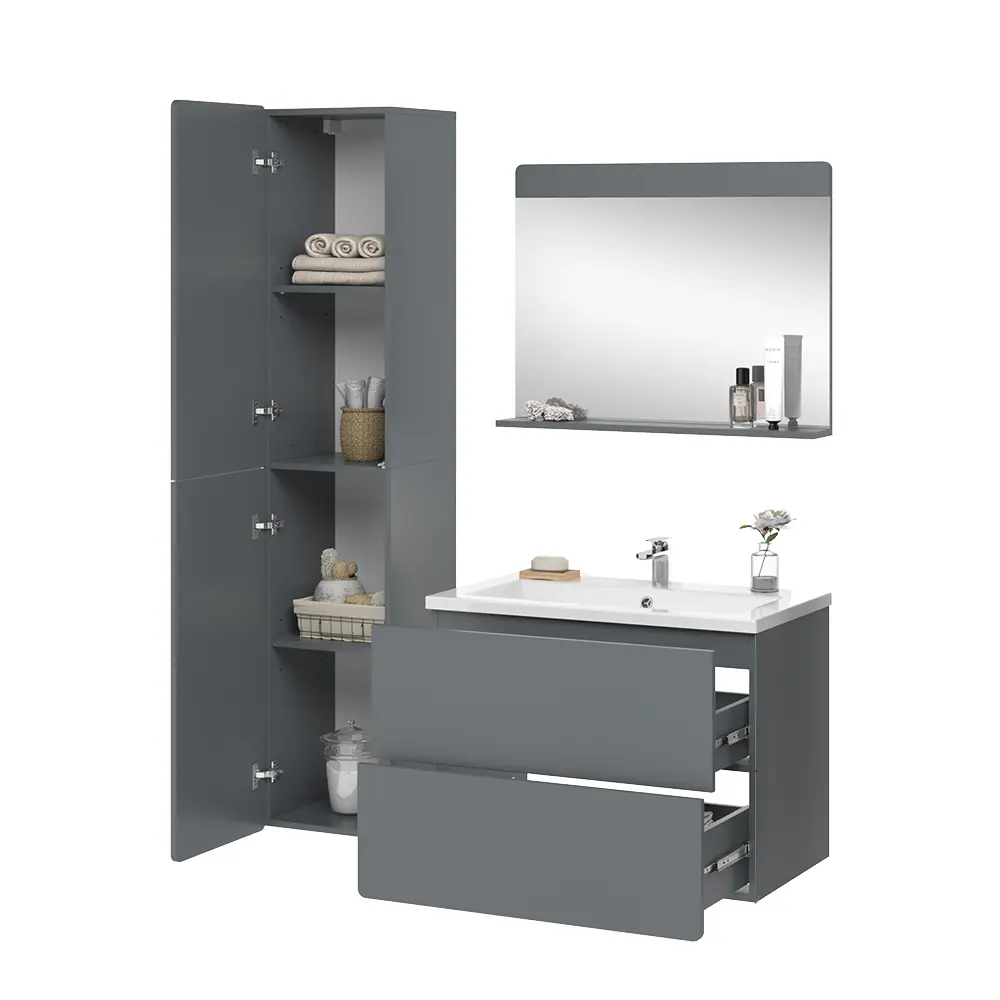 Vicco Badmöbel-Set Izan Grau modern Waschtischunterschrank Waschbecken Badspiegel Hochschrank