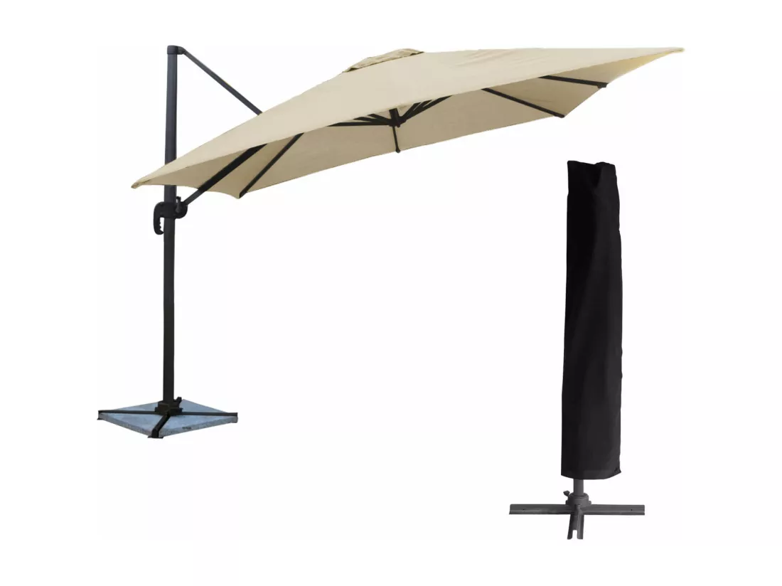 Parasol déporté MOLOKAI carré 3x3m beige + housse - HAPPY GARDEN