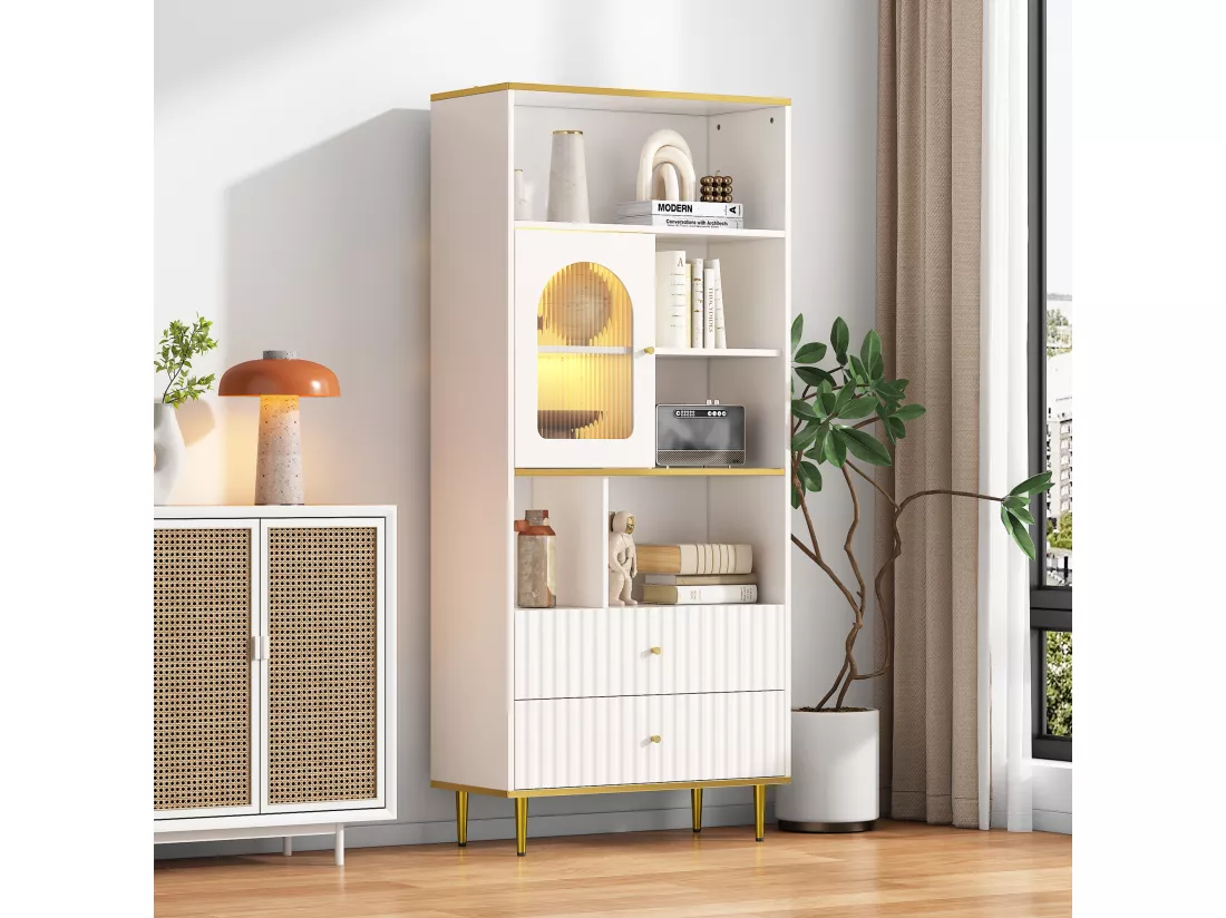 Vitrine avec 2 tiroirs, 1 porte et compartiments ouverts - 78 x 36 x 190 cm - LEDs - Panneaux de particules - Blanc
