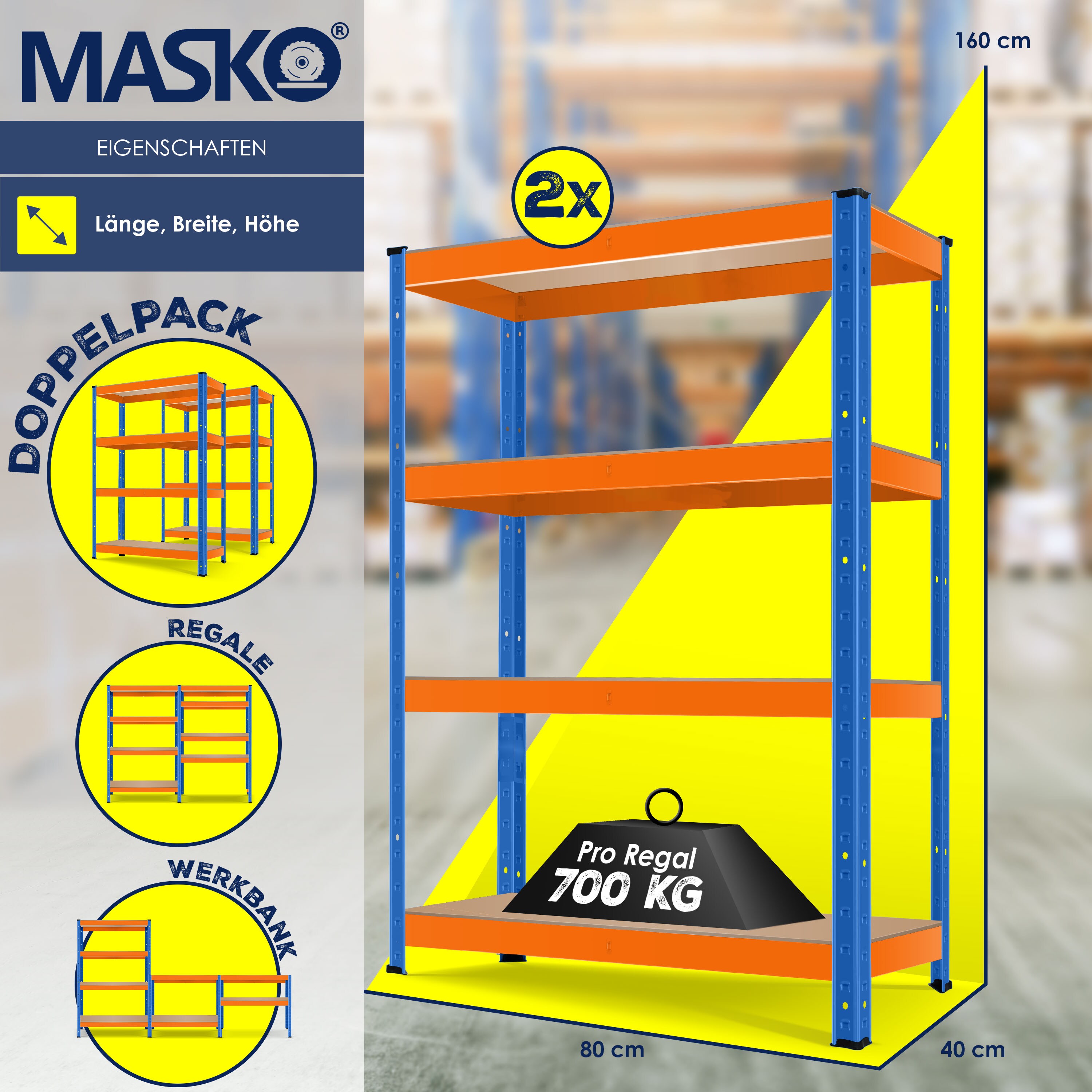 MASKO® 2er-Set Lagerregal Schwerlastregal, Kellerregal , bis 875 kg belastbar, 5 verstellbare Ablagen, MDF-Platten Regal aus Metall, Steckregal, Werkstattregal, Keller, Garage