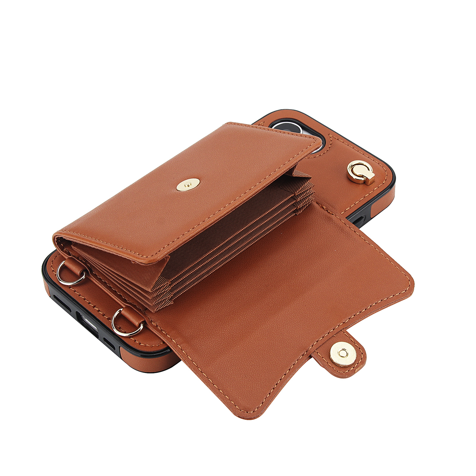 iPhone 16e Necklace Leder Schutz Hülle mit Kartenfach   Handykette (140cm) - Braun