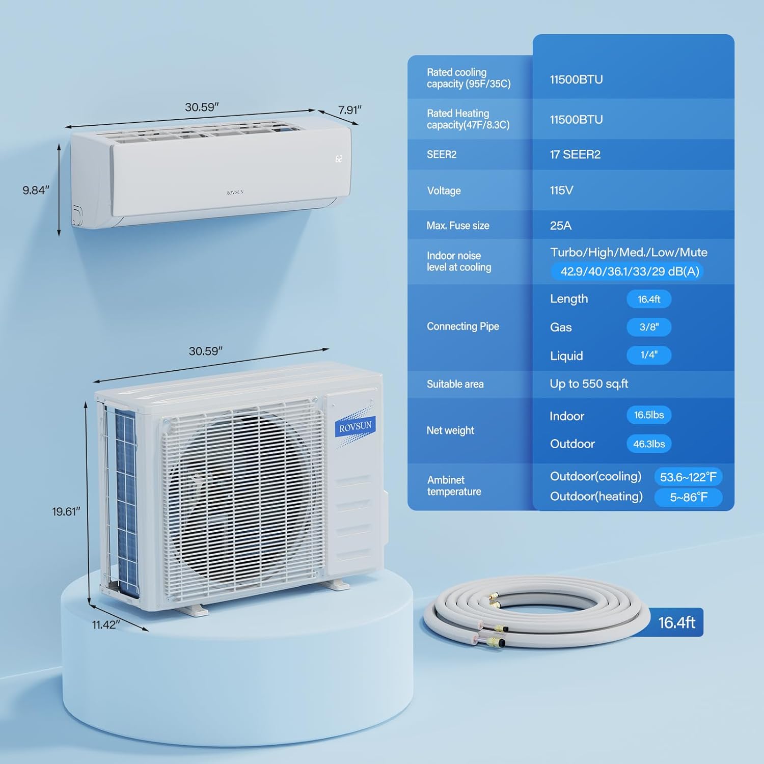 ROVSUN 11000BTU 17SEER2 115V Split-Klimaanlage und Heizung mit WLAN, 17 SEER2 115V, Leitungsloser Wandwechselrichter, AC-Einheit mit vorgeladenem Kondensator, Wärmepumpe und Kit