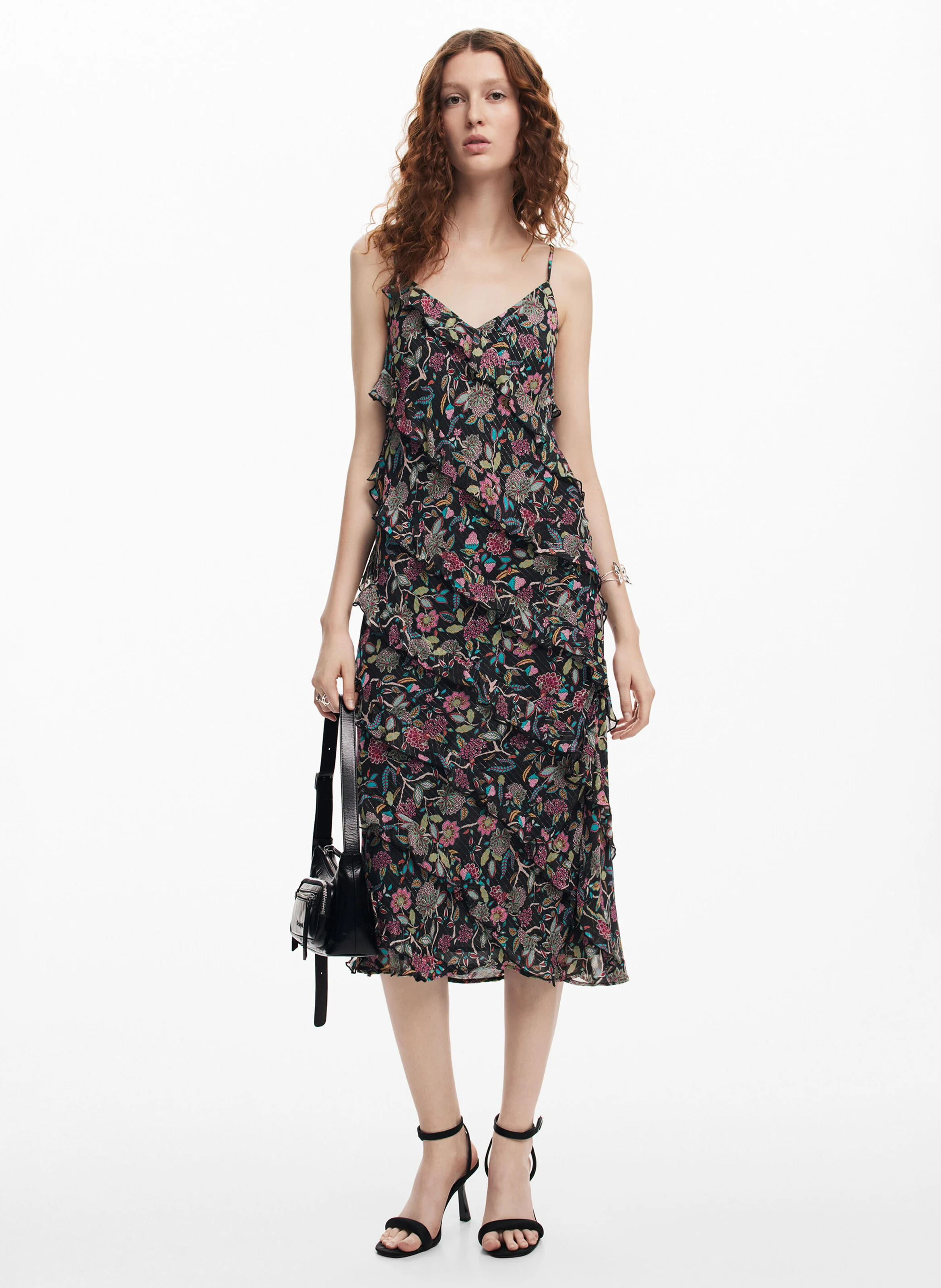 Robe midi col V imprimée | Noir