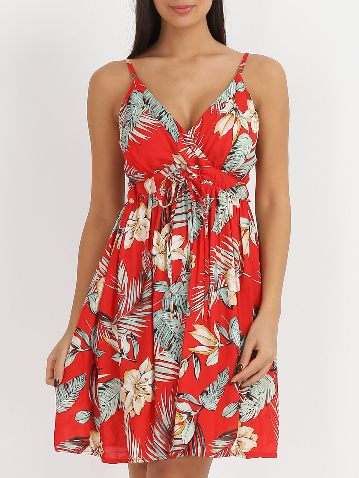 Robe cache cœur à fleurs exotiques- Rouge