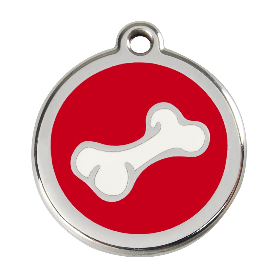 Placa de identificação para cães em aço inoxidável esmaltado com desenho de osso vermelho.
