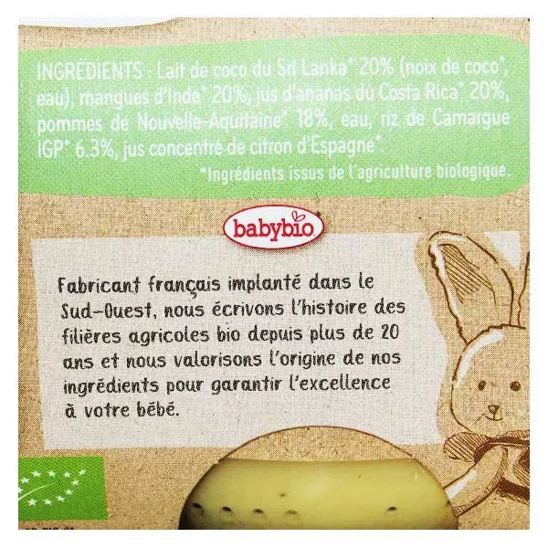 Sobremesas orgânicas à base de plantas Babybio, mexidas em pote, leite de coco, manga, abacaxi, +6 meses, 2 x 130g
