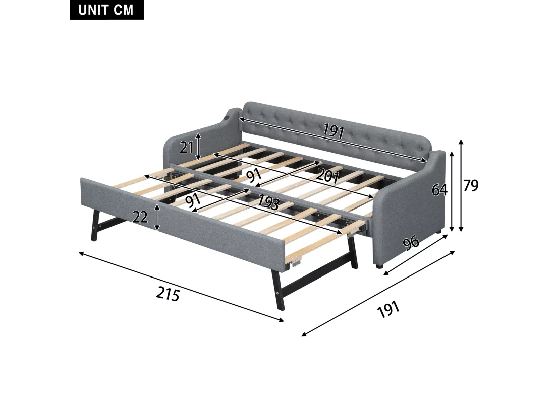Lit gigogne 90/180x200cm, canapé lit extensible, méridienne avec port USB, sans matelas, gris