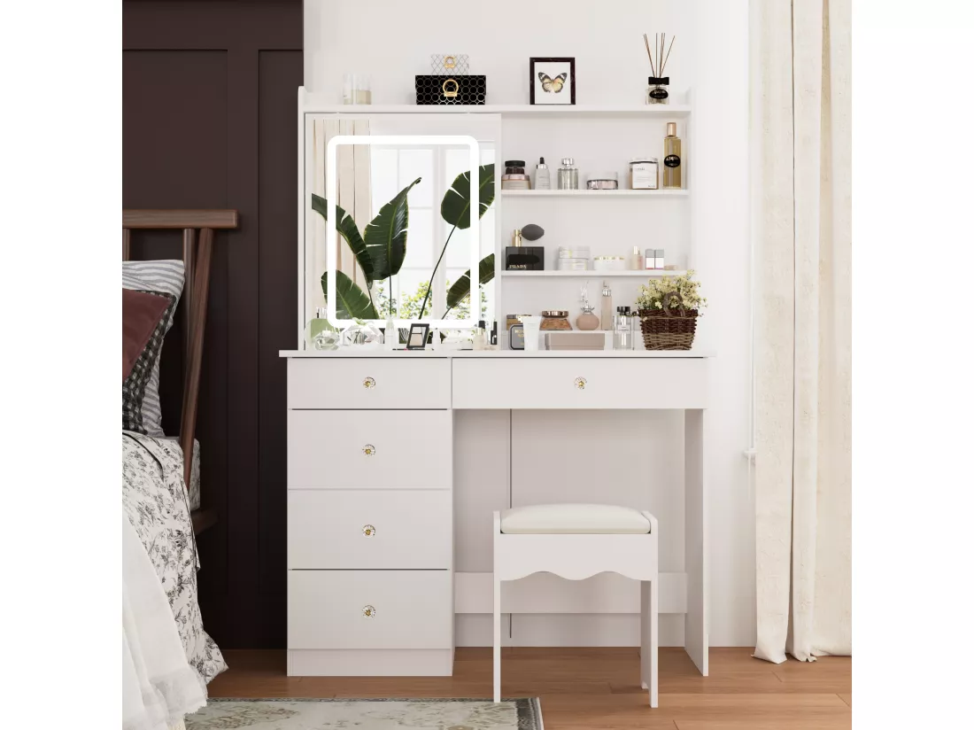 Coiffeuse avec éclairage LED et miroir coulissant, éclairage tricolore,tabouret, 5 tiroirs, 100x40x140 cm,Blanc