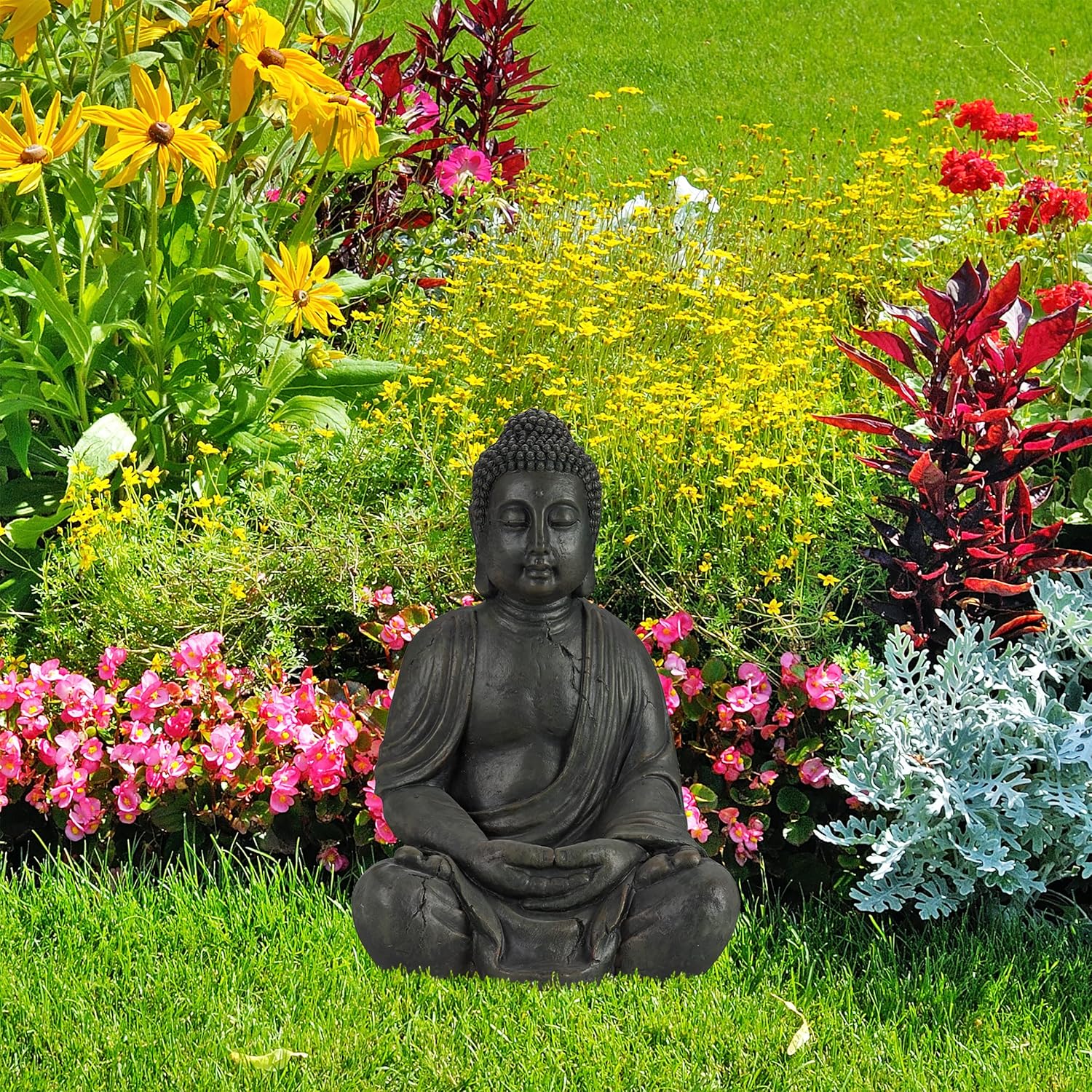 Relaxdays Buddha Figur sitzend, XL 70 cm, Gartenfigur, Dekofigur Wohnzimmer, wetterfest & frostsicher, dunkelgrau