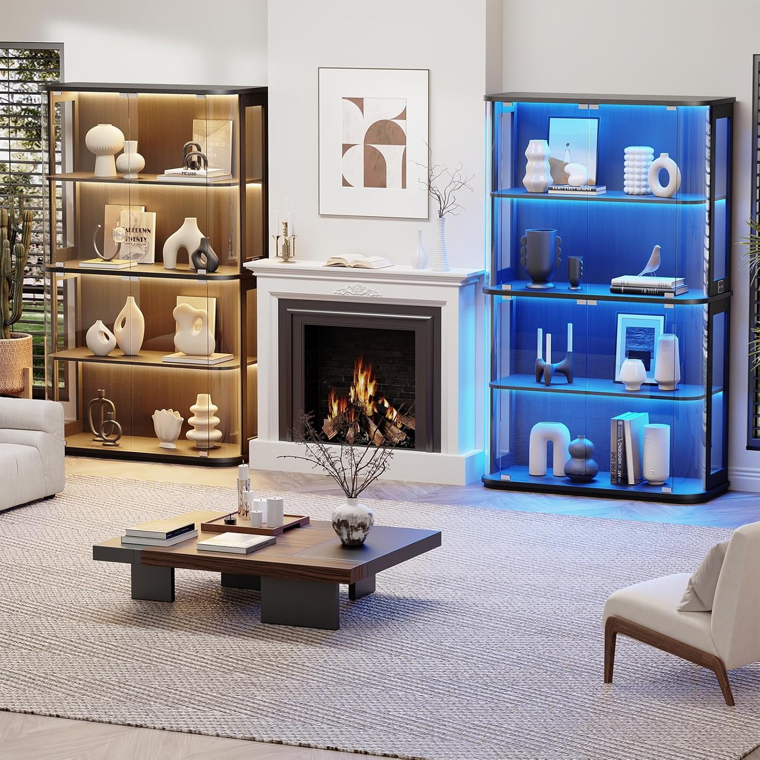 Große Glasvitrine Stehend Mit Rundbogen-Glastür, 4-Stöckiger Vitrine Mit 3-Farb-LED-Beleuchtung & Bewegungssensor, Vitrinenschrank Sammlervitrine Für Wohnzimmer, Schwarz