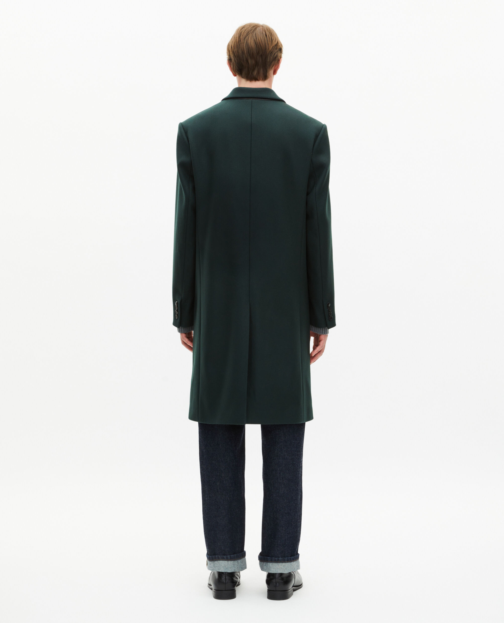 Manteau en laine col revers en cuir vert foncé