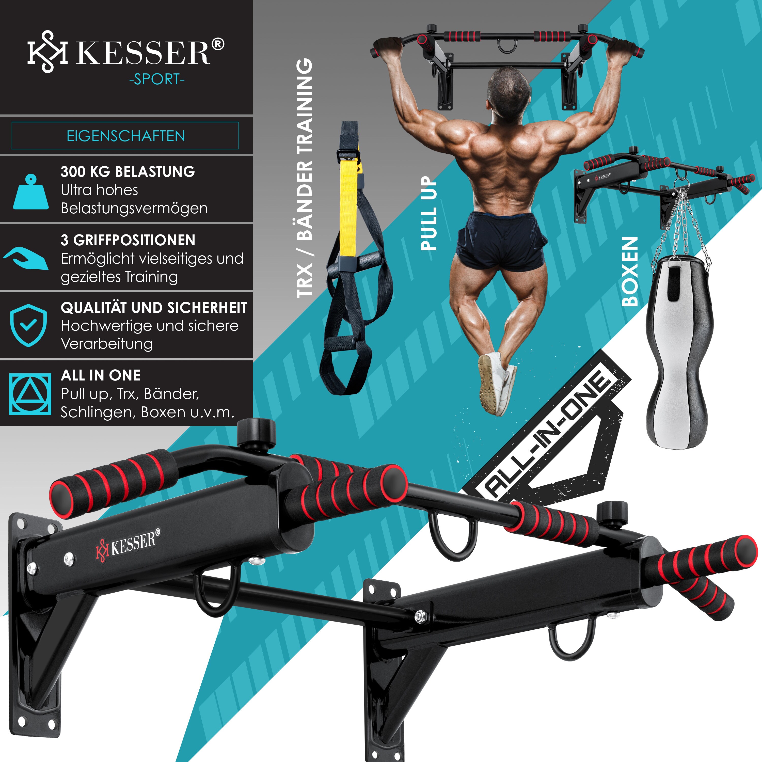KESSER® 4in1 Klimmzugstange zur Wandmontage rutschfesten Griffen zusätzliche Funktion für Seile Ringe und Boxsäcke mit verschiedenen Griffpositionen | sicher & stabil | Pull Up Bar für zuhause
