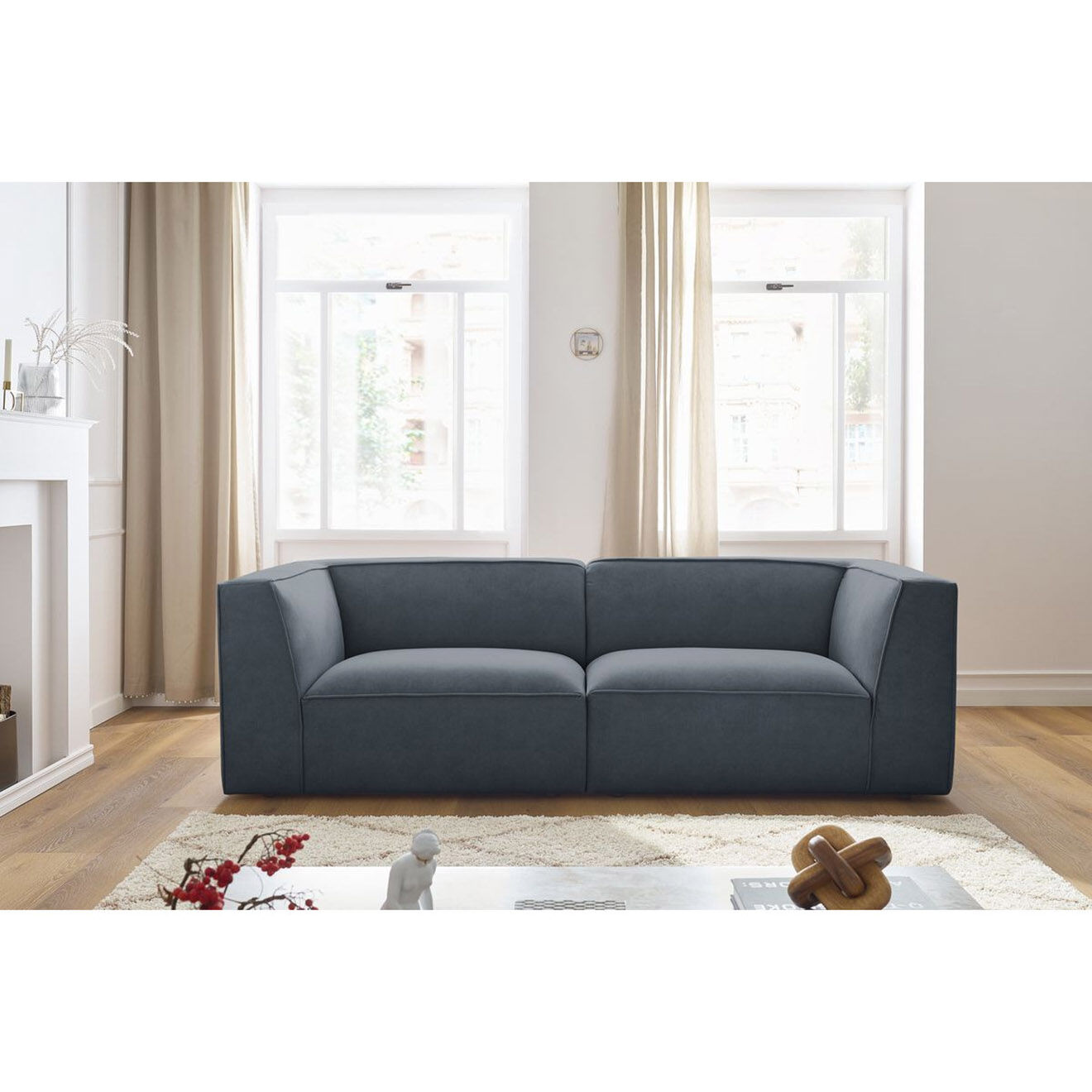 Bobochic Canapé droit fixe 3 places en Velours Molière gris foncé - 233x99x71 cm