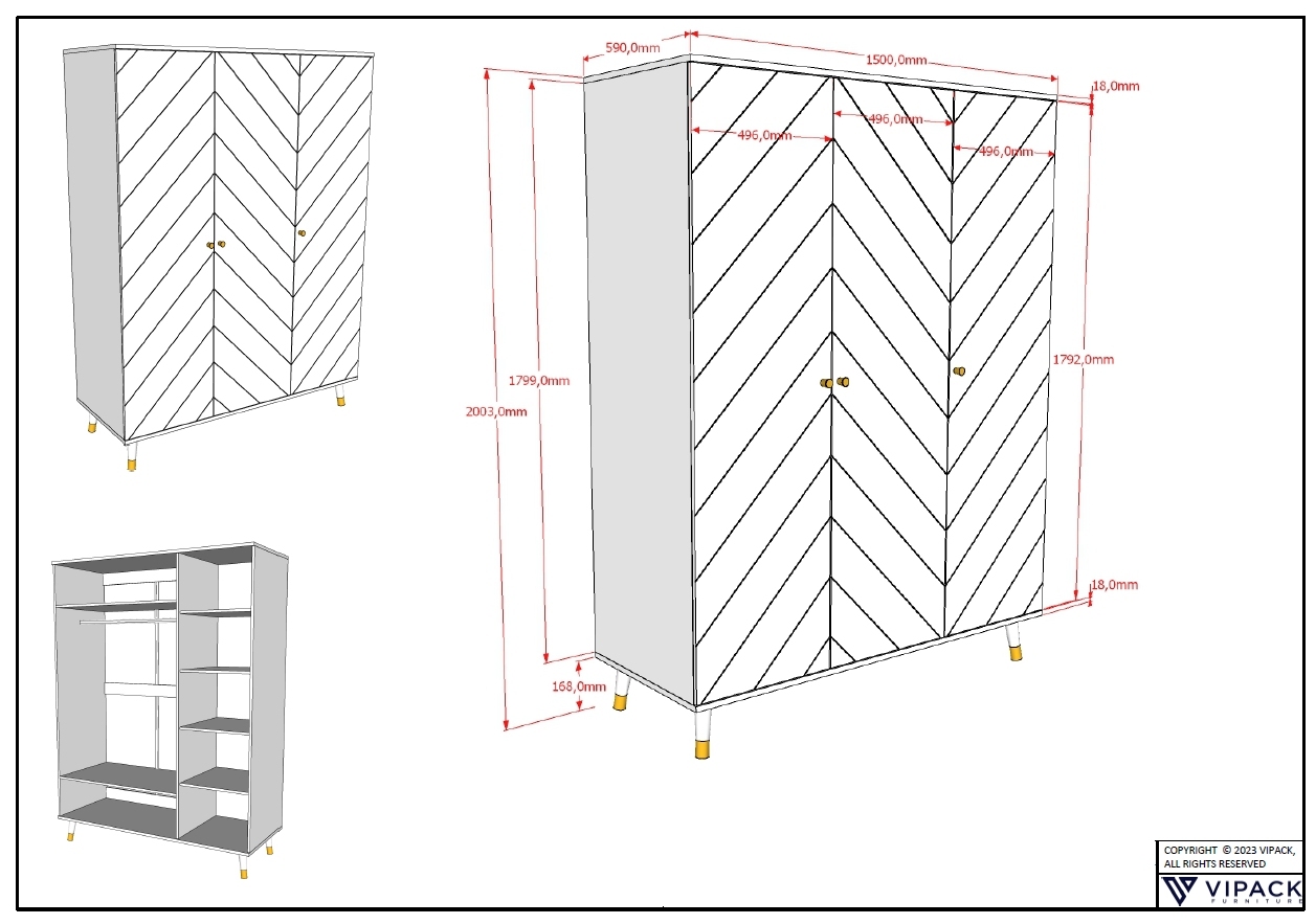 Kleiderschrank BILLY - weiß satin - 3 Drehtüren - 150 cm breit