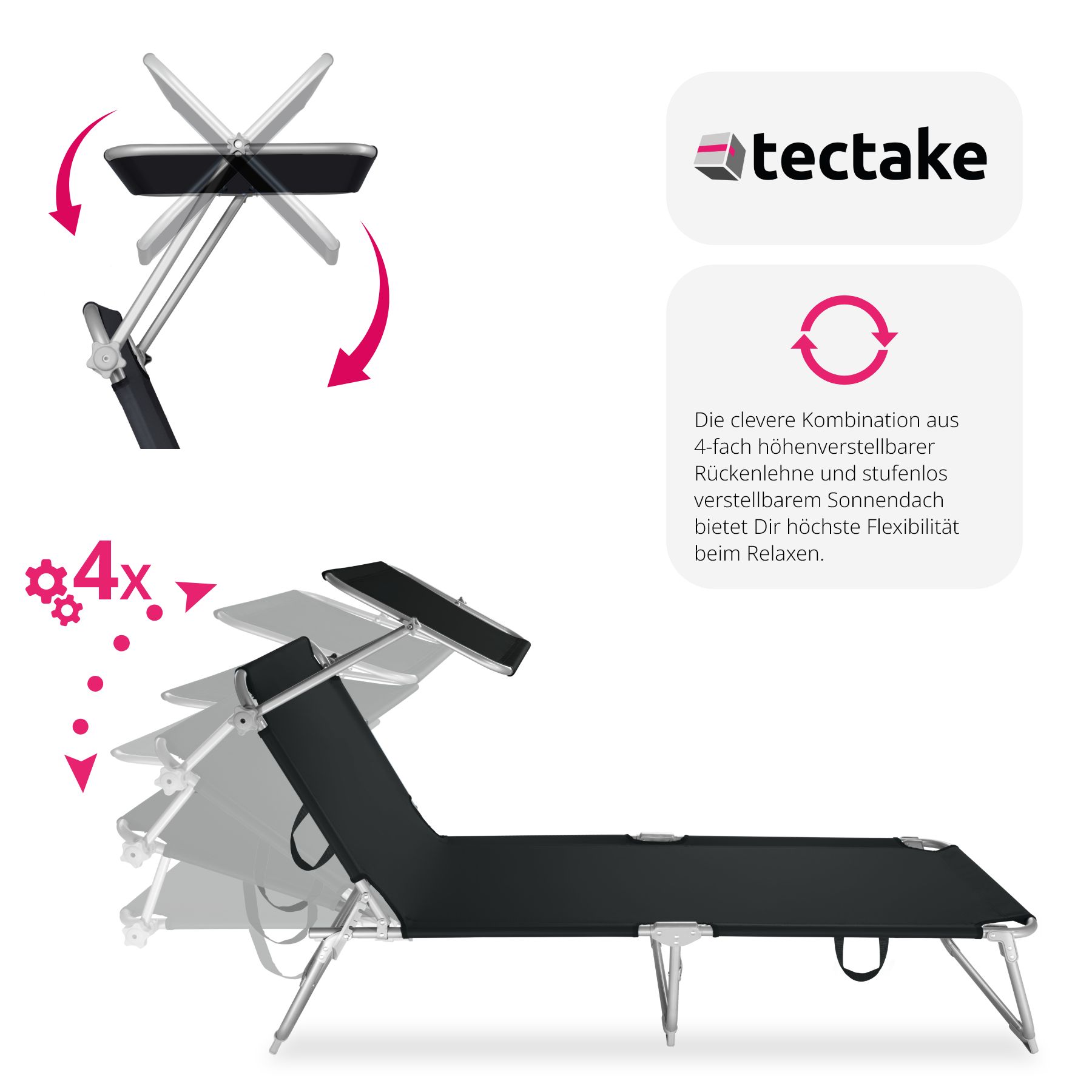 tectake® Gartenliege, klappbar, 4-fach verstellbare Rückenlehne, 190 x 68 x 28 cm
