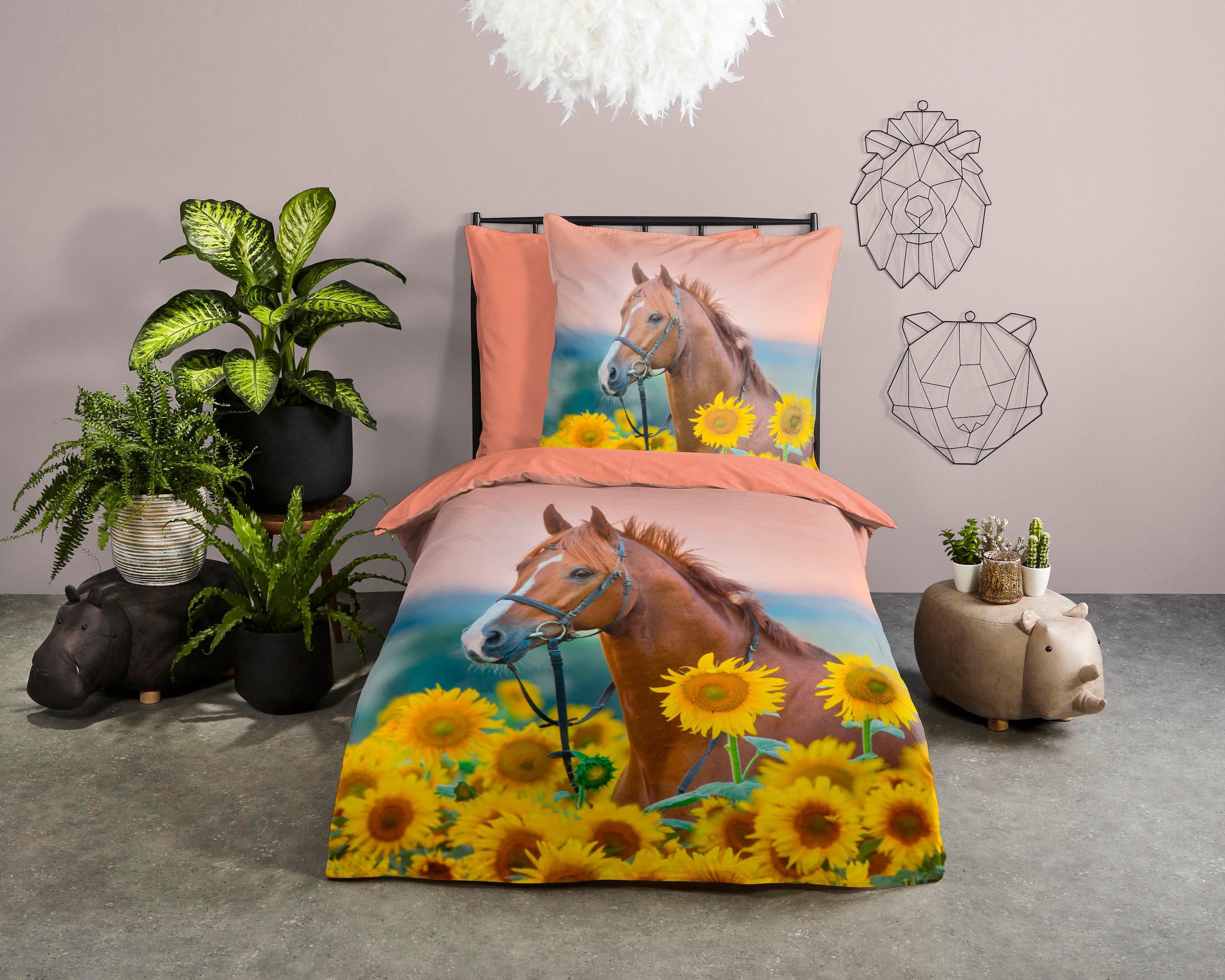 good morning Kinderbettwäsche »Beauty Horse Sunflower« 2 Stk. tlg. Baumwolle, 135x200, Reissverschluss, Wendeoptik, Kind, Mädchen, Pferd