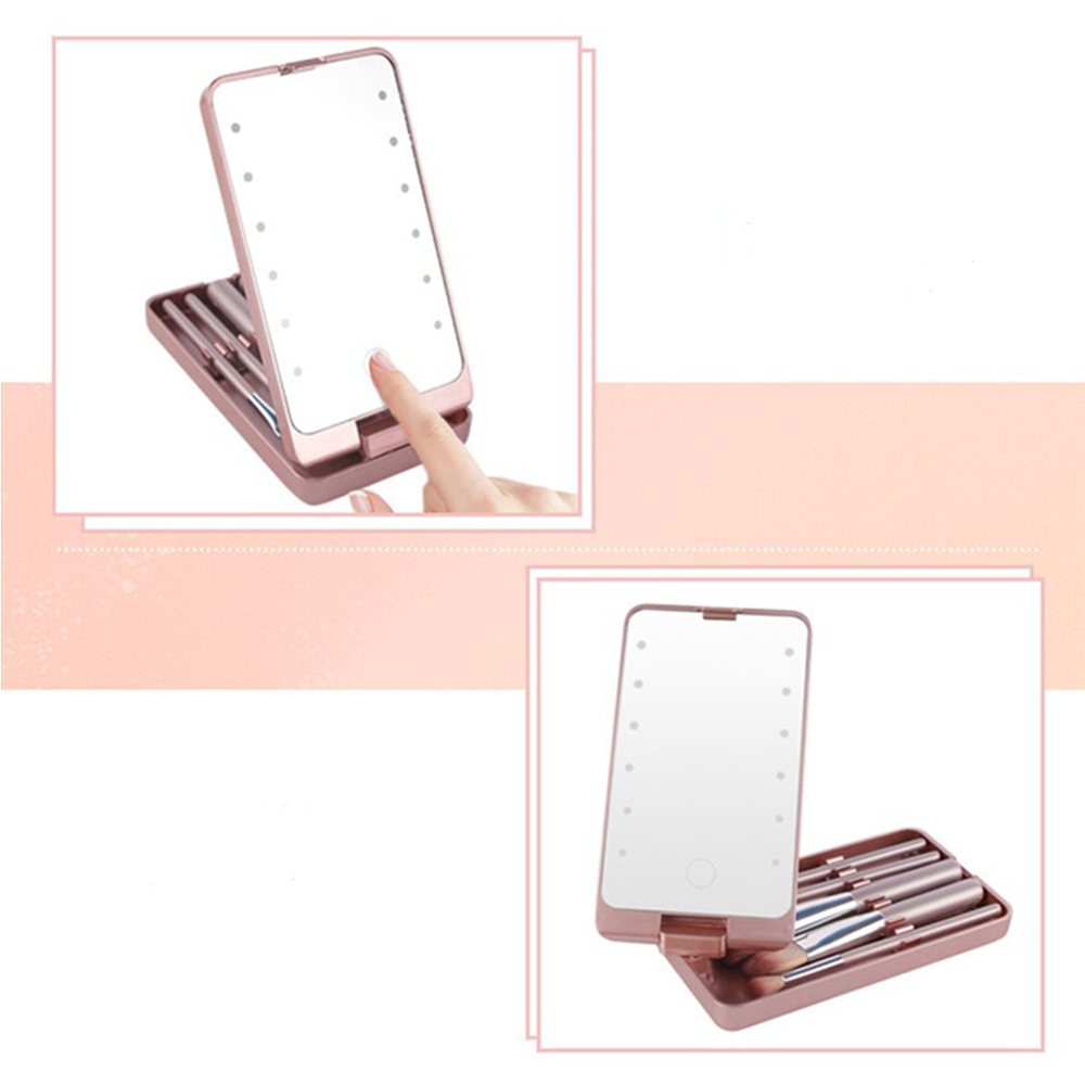 (6-tlg. Set) Reise Make Up Pinsel USB LED Taschen Schminkspiegel mit Touch Sensor - Schwarz