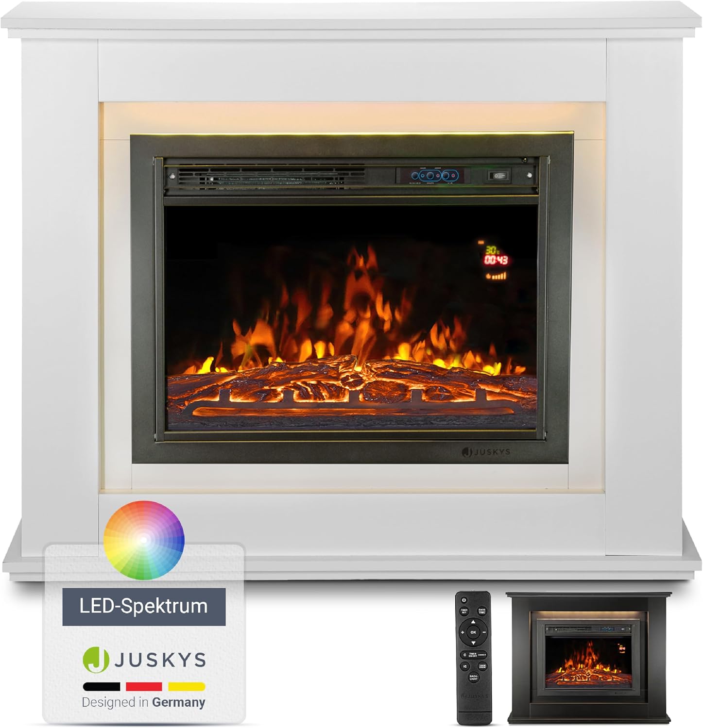 Juskys Elektrokamin 1000/2000 W mit Heizung, Kaminfeuer, Flammeneffekt, Fernbedienung, LED Beleuchtung & Timer - Elektrischer Kamin Standkamin weiß