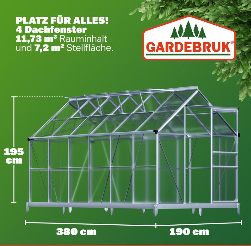 Tuinkas Aluminium - 7,2 m² 4 Dakramen Regengoot - 380x190cm