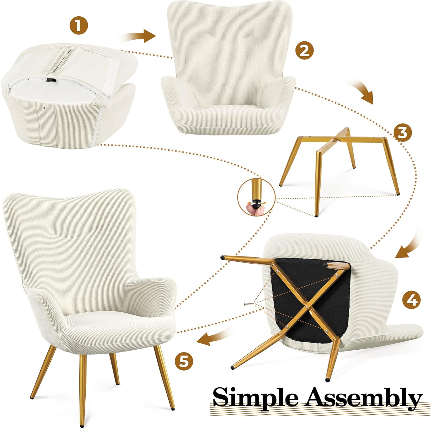 Yaheetech Ohrensessel mit Hocker aus Cordstoff Loungesessel mit Klappbarer Rückenlehne bis 136 kg belastbar Sessel fürs Wohnzimmer/Schlafzimmer Beige