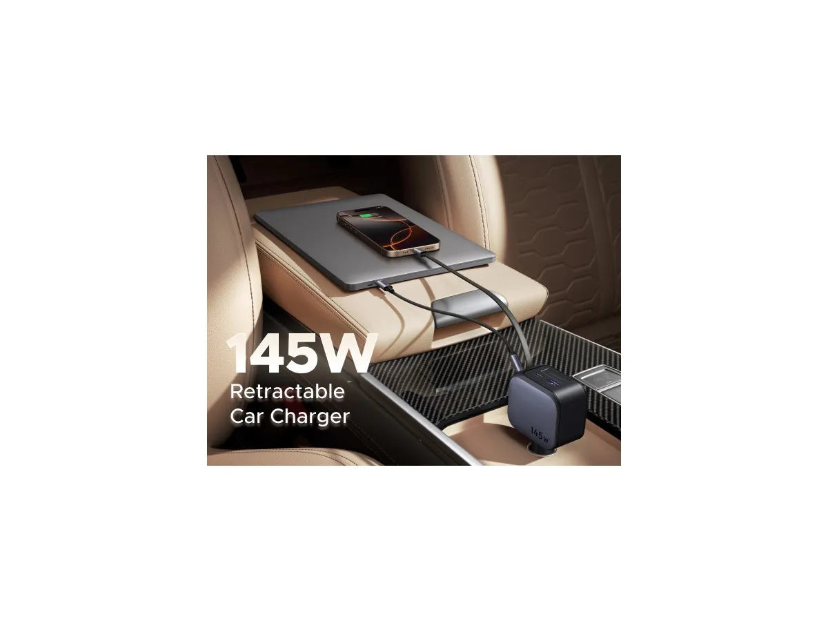 (145W) 2x USB C / USB A Auto Ladegerät Fast Car Charger mit ausziehbarem USB C Ladekabel (55910B) - Silber / Schwarz